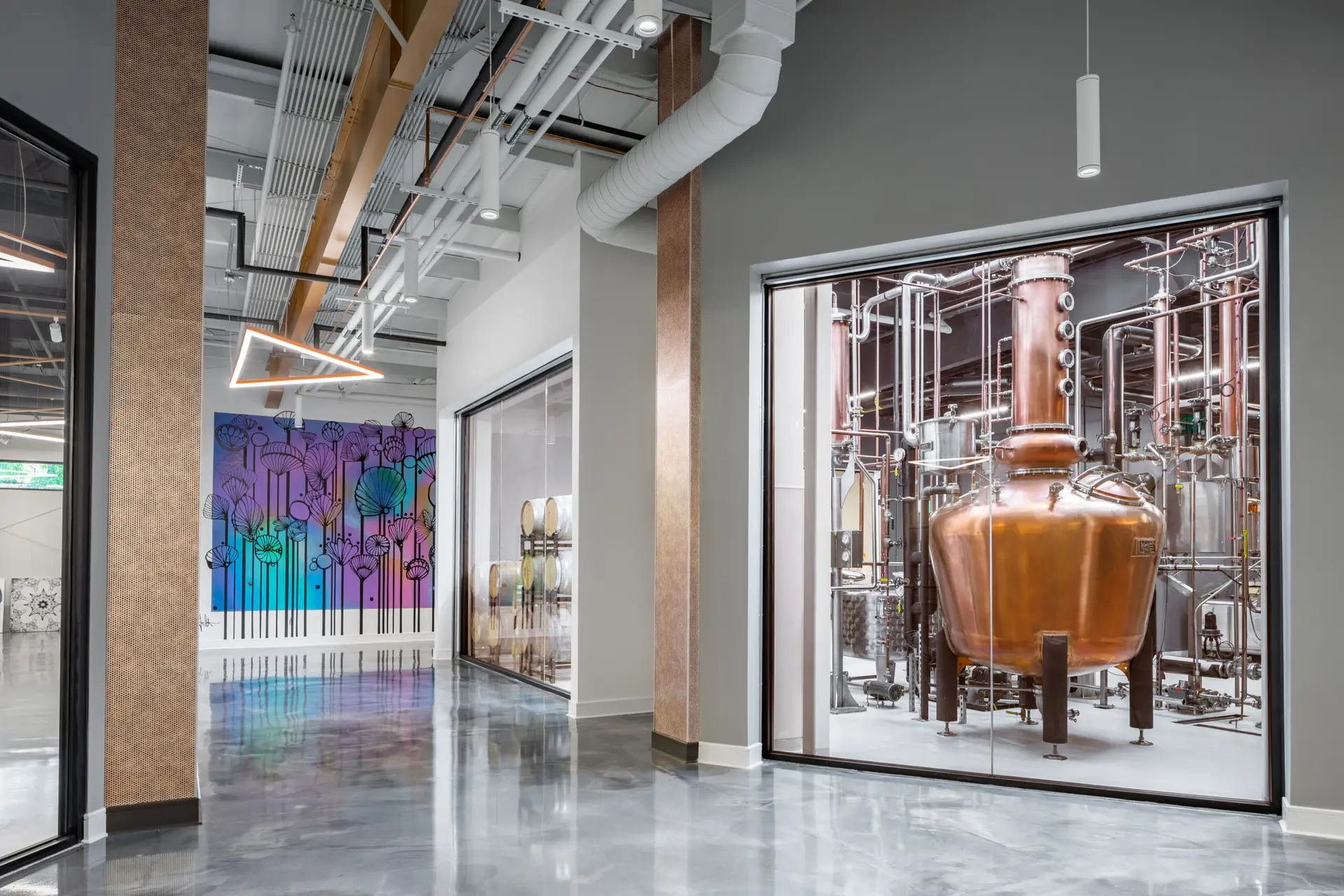 Colorful distillery interior with copper still